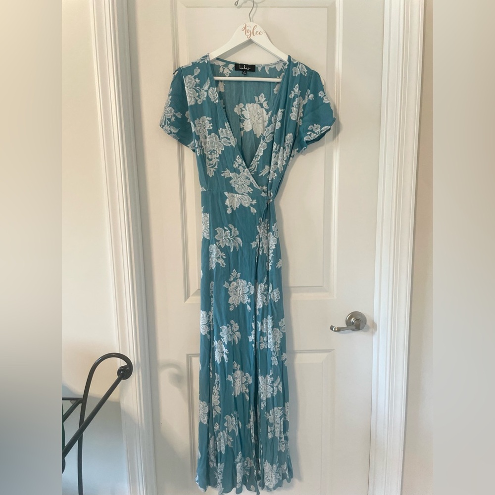 Lulus Dark-Turquoise Floral Wrap “Midi” Dress